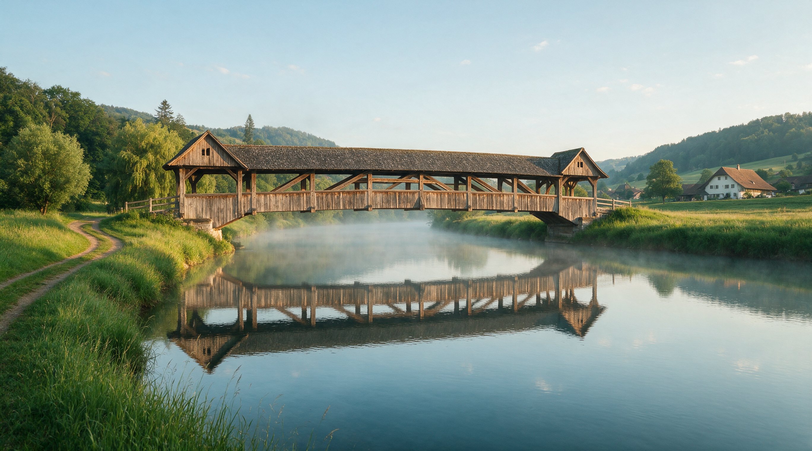Gedeckte Holzbrücke verbindet zwei grüne Ufer über einem spiegelnden Fluss